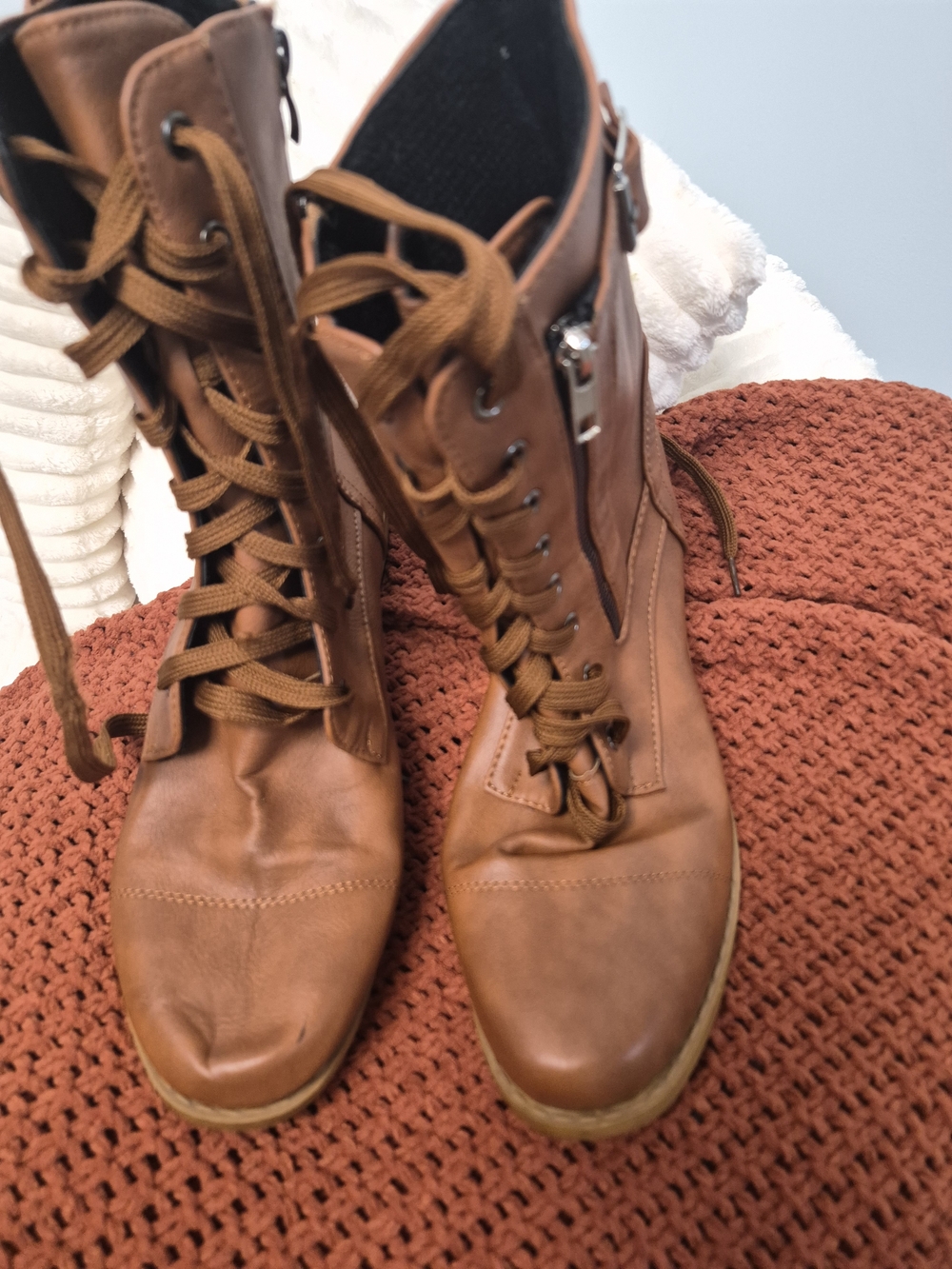 Cognac Tan Faux Leather Lace Up Buckle Mid Calf Combat Boots Side Zip